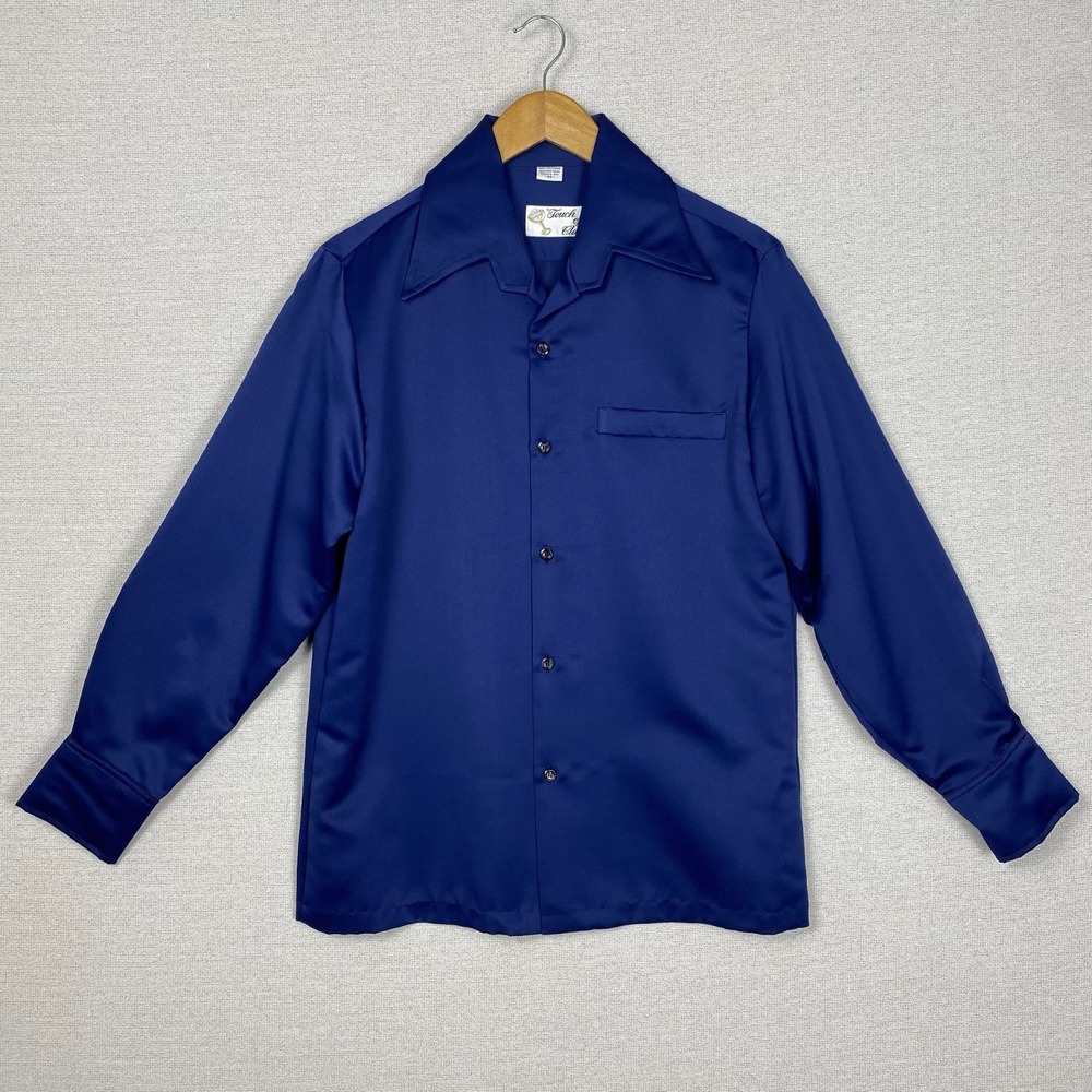 Vtg 70s Touch of Class Button Up Mens M Satin Blue Long Sleeve Disco Retro Party